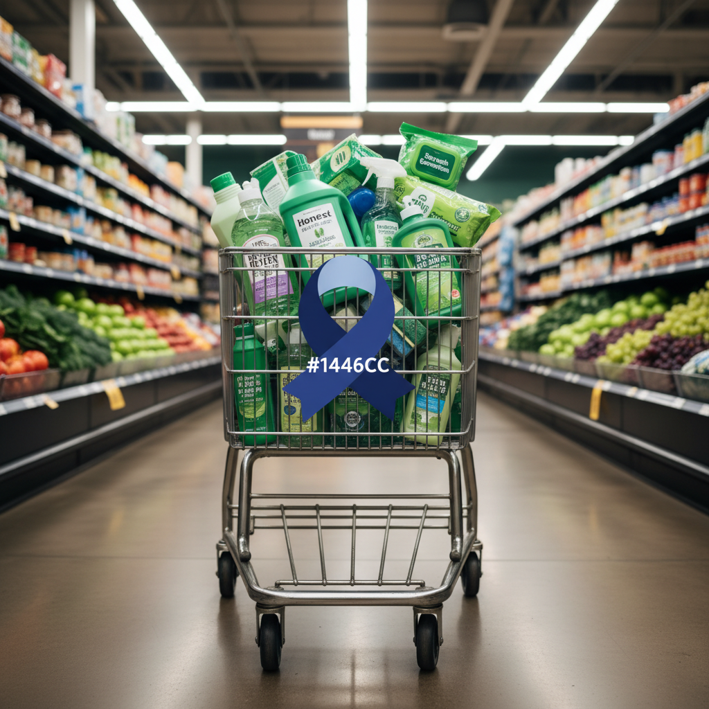 a shopping cart filled with various recognizable green household cleaning products, positioned in a brightly lit superma