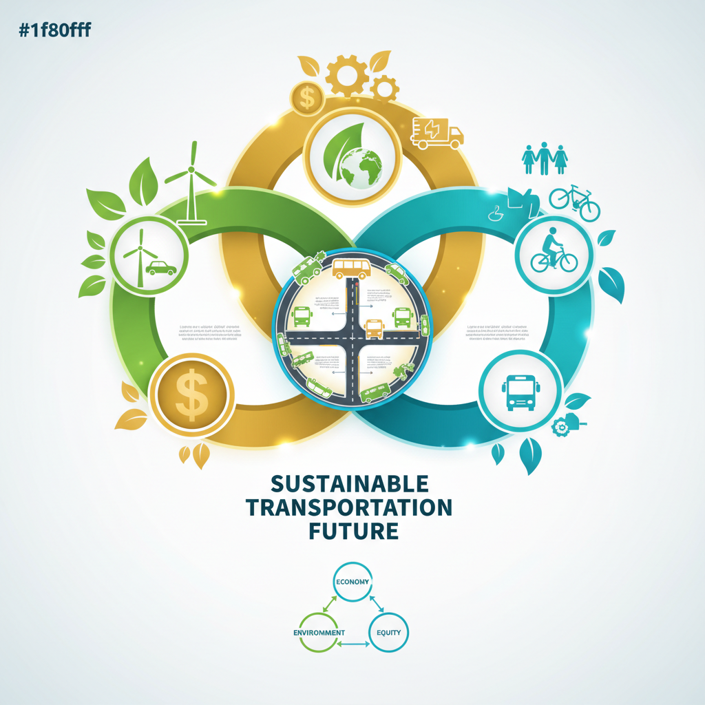 a vibrant infographic showing intertwining elements of environmental protection, economic viability, and social equity w - sustainability in transport