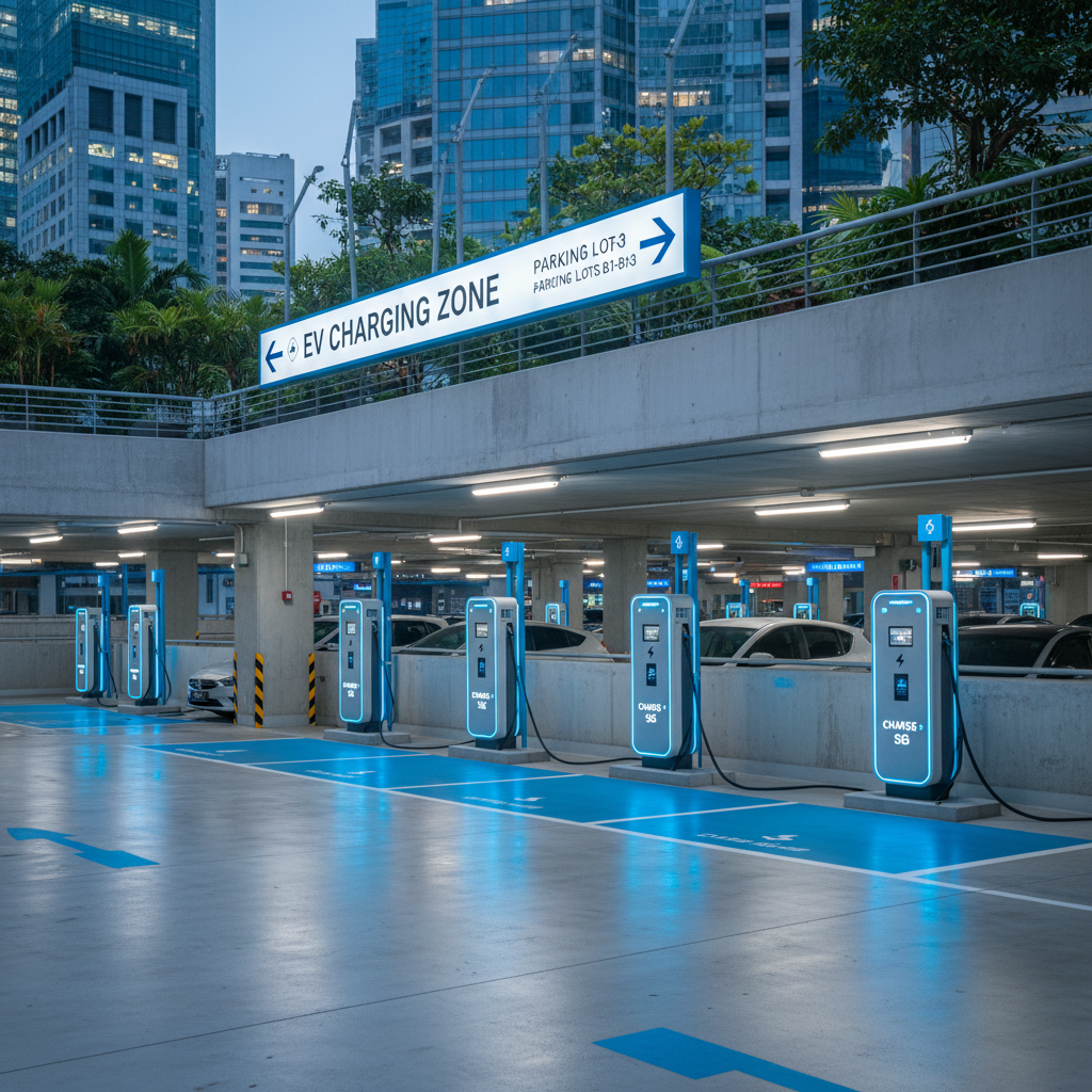 a network of public EV charging stations in an urban carpark in Singapore, with clear signage and modern design. STRICT: - sustainability in transport