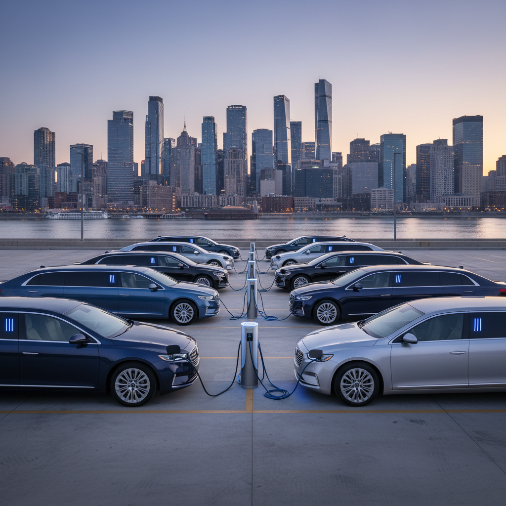 a fleet of modern, luxurious hybrid and electric limousines parked neatly, showcasing their sleek designs and charging p - sustainability in transport