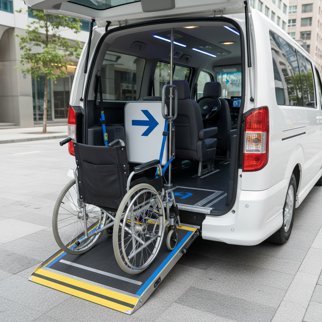 a professional driver assisting a passenger in a wheelchair into a clean, modern maxicab, with a focus on safety and car - accessible travel Singapore