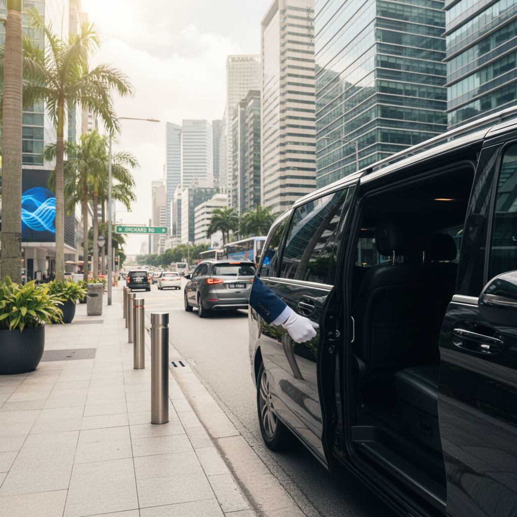 a professional chauffeur in uniform opening the door of a polished black minivan or executive sedan. The setting is a bu - hourly charter Singapore