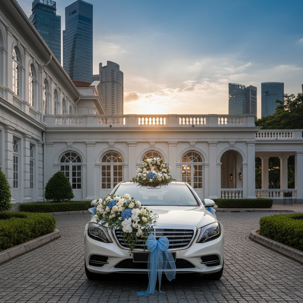 a beautifully decorated wedding car, possibly a luxury sedan, adorned with floral arrangements, parked outside an elegan - hourly charter Singapore