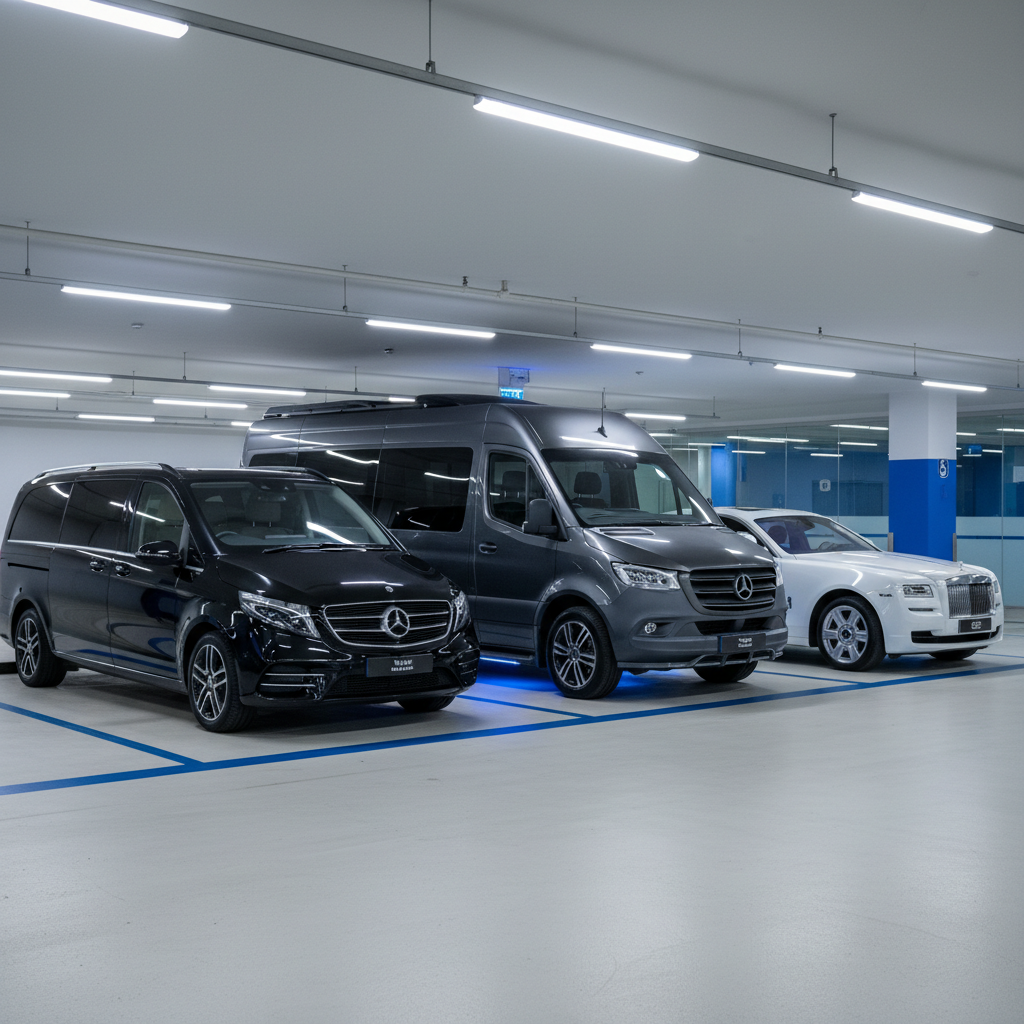 a fleet of diverse, clean luxury vehicles (e.g., a 7-seater maxicab, a 13-seater minibus, and a VIP sedan) neatly parked - hourly charter Singapore