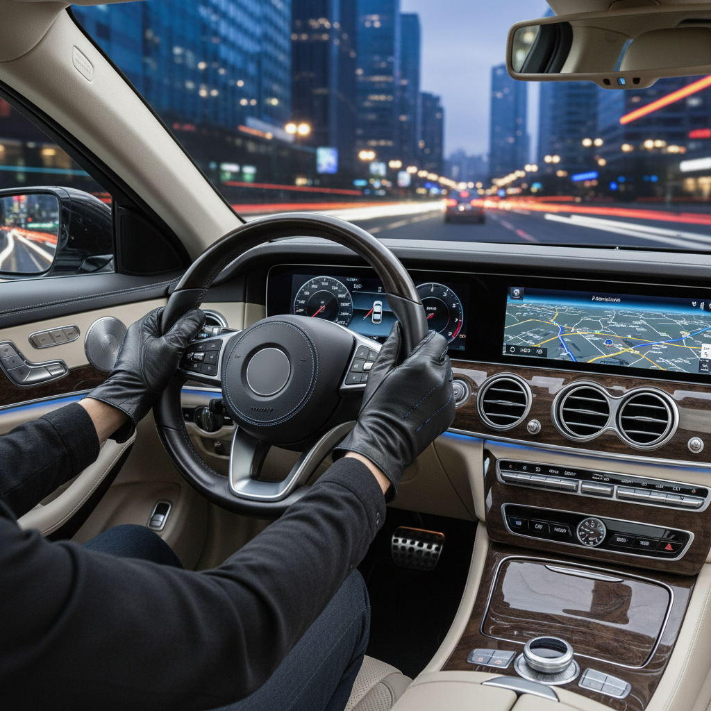a focused, well-groomed professional chauffeur's hands on a steering wheel, with the dashboard visible. The background i - hourly charter Singapore