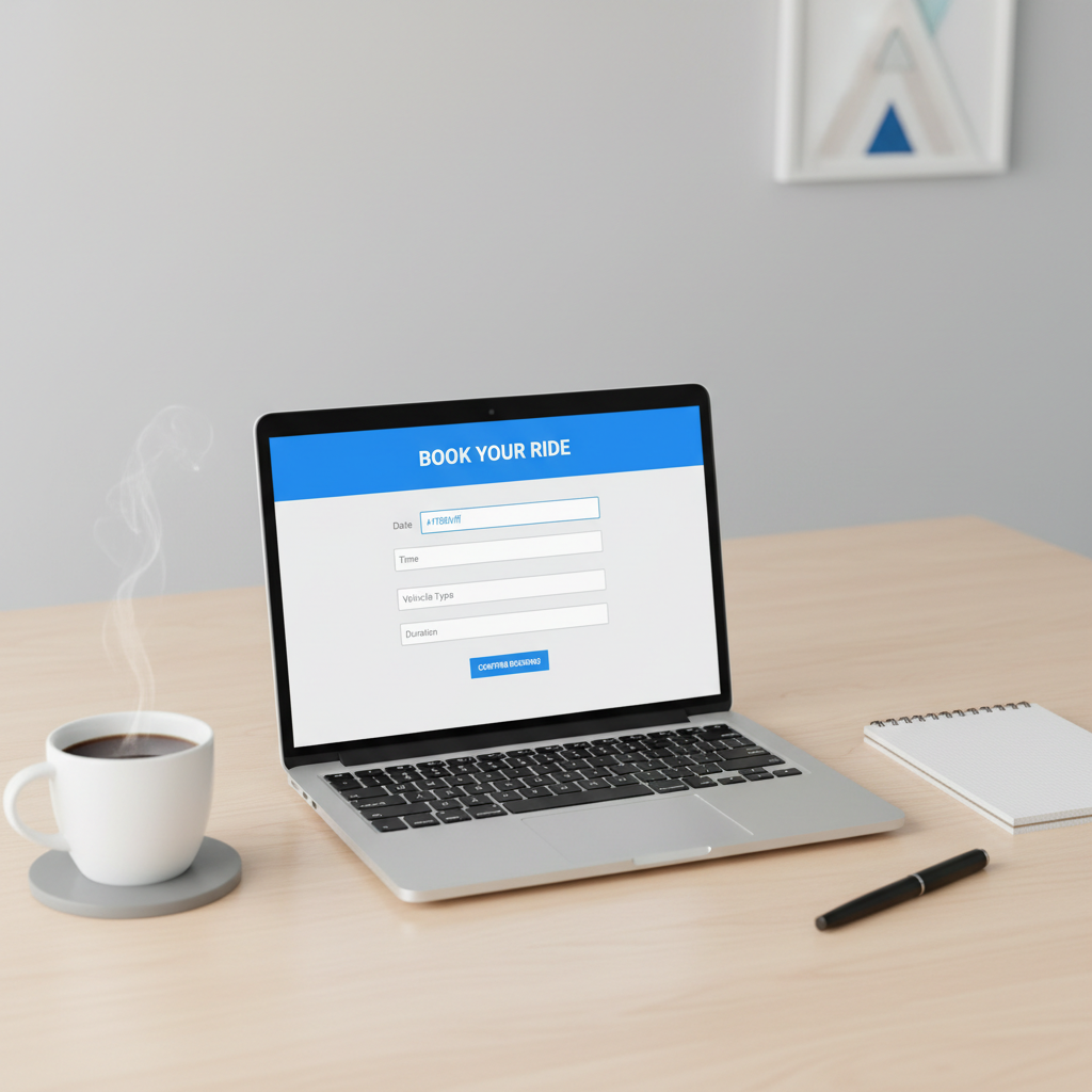 a clean, minimalist workstation with a laptop open to an online booking form for a car service, a pen, and a cup of coff - hourly charter Singapore