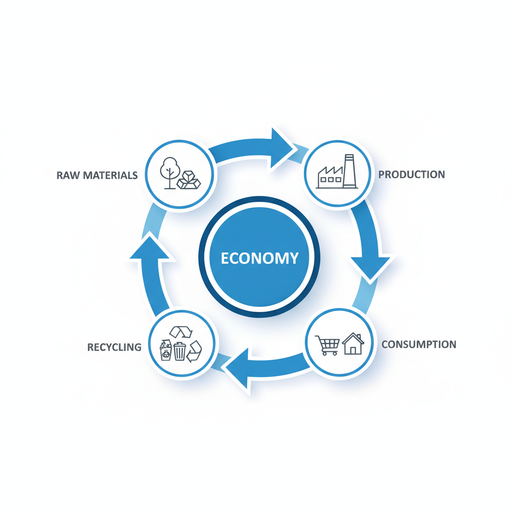 a diagram illustrating a circular economy model with arrows showing raw materials, production, consumption, and recyclin