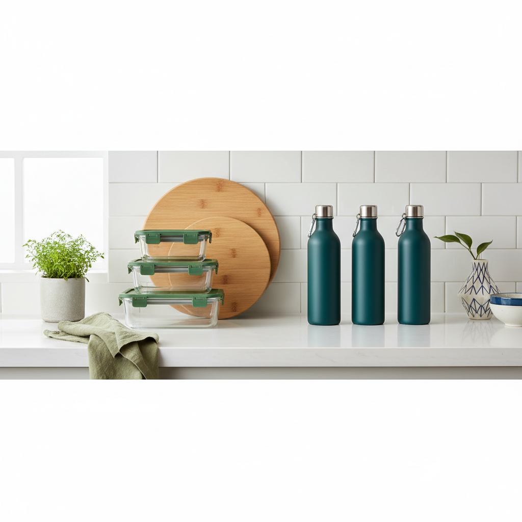 a clean, minimalist kitchen countertop featuring a variety of sturdy, reusable green products like glass food storage co