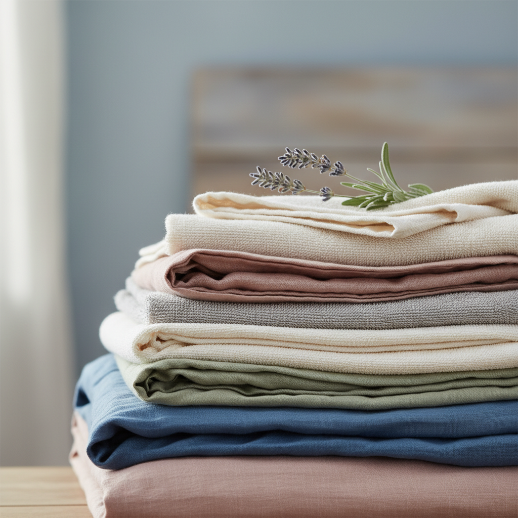 a stack of freshly laundered organic cotton towels and linen bedding, folded neatly with a sprig of lavender on top, aga