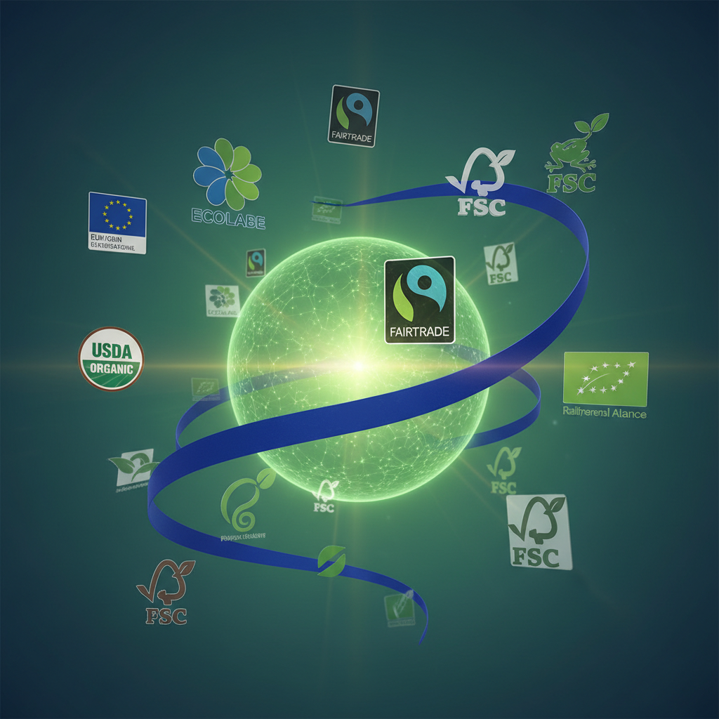 an abstract design featuring various eco-labels and certification logos floating around a central, glowing green sphere,