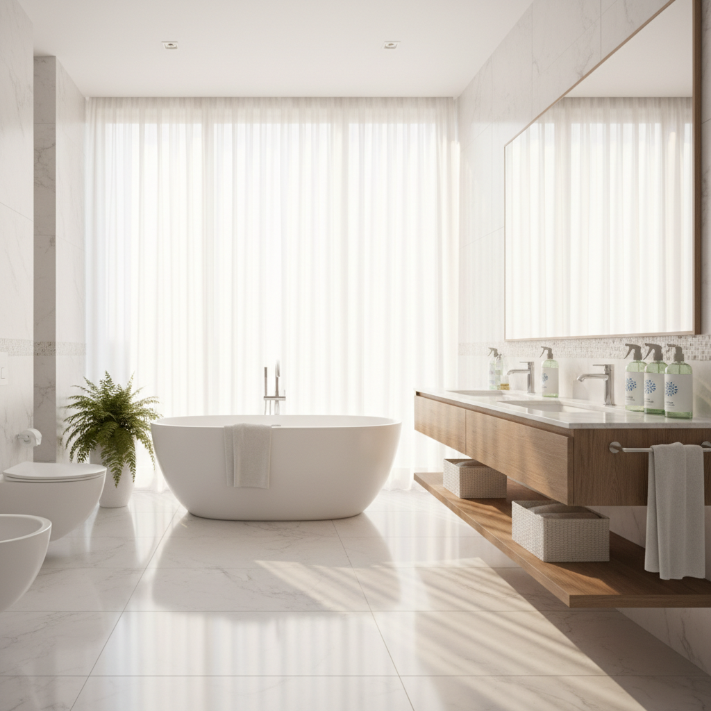 a sparkling clean, modern bathroom with natural light, featuring a subtle hint of green cleaning products on the counter
