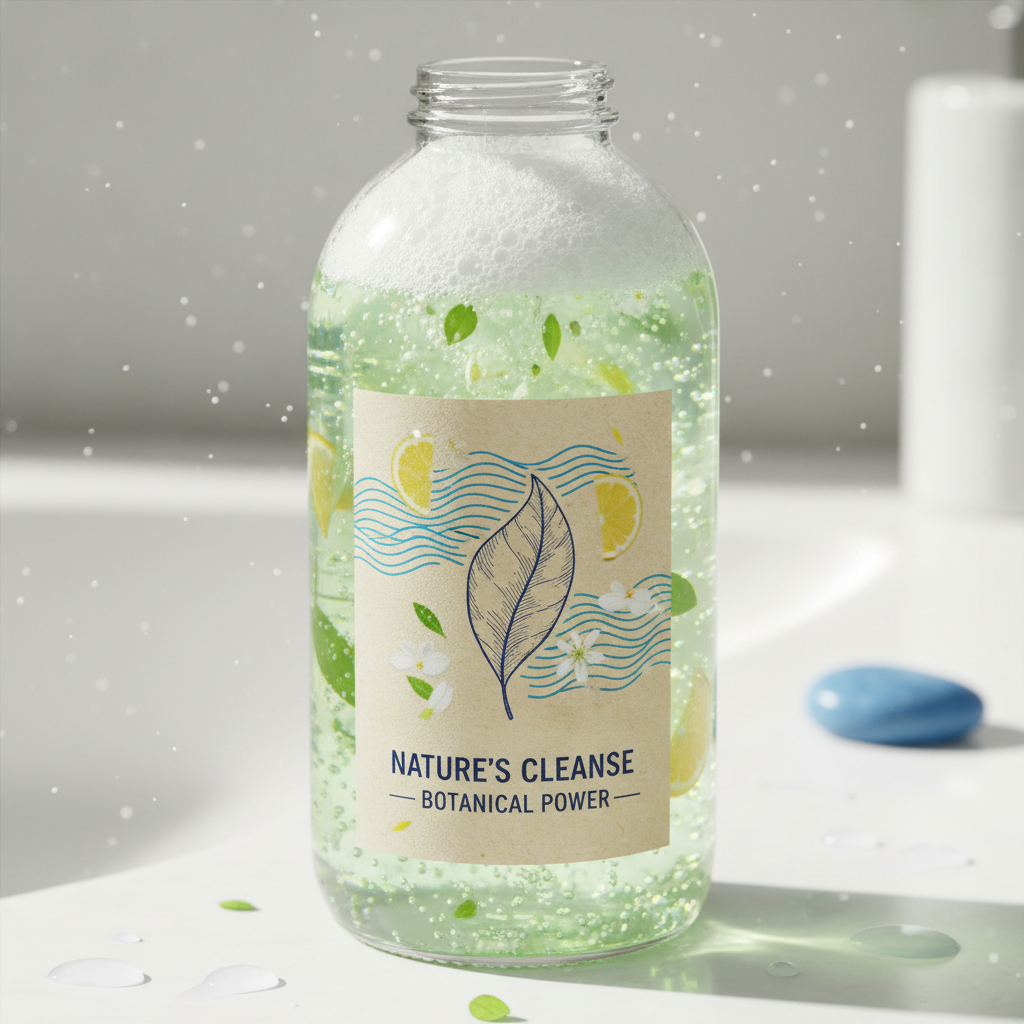 a close-up of a bubbling, plant-based cleaning solution in a transparent bottle, showcasing natural ingredients and a fr