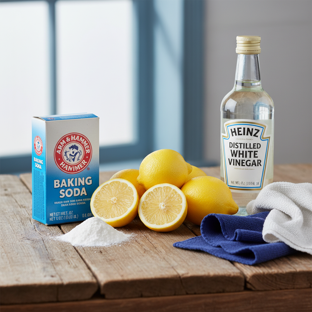 a close-up of fresh lemons, a box of baking soda, and a bottle of white vinegar on a rustic wooden table, with cleaning 