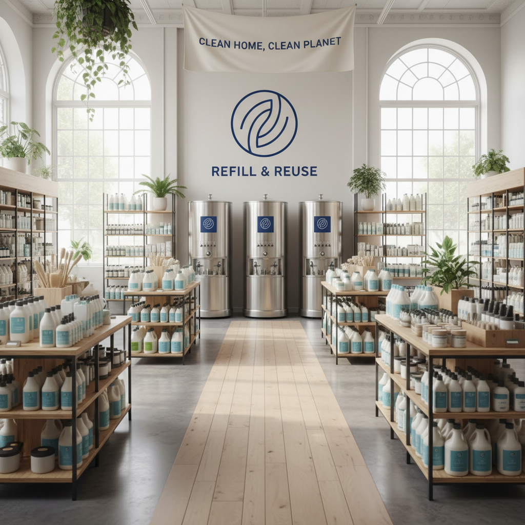 a bright, airy interior of a well-organized eco-friendly store, with shelves neatly stocked with various sustainable cle