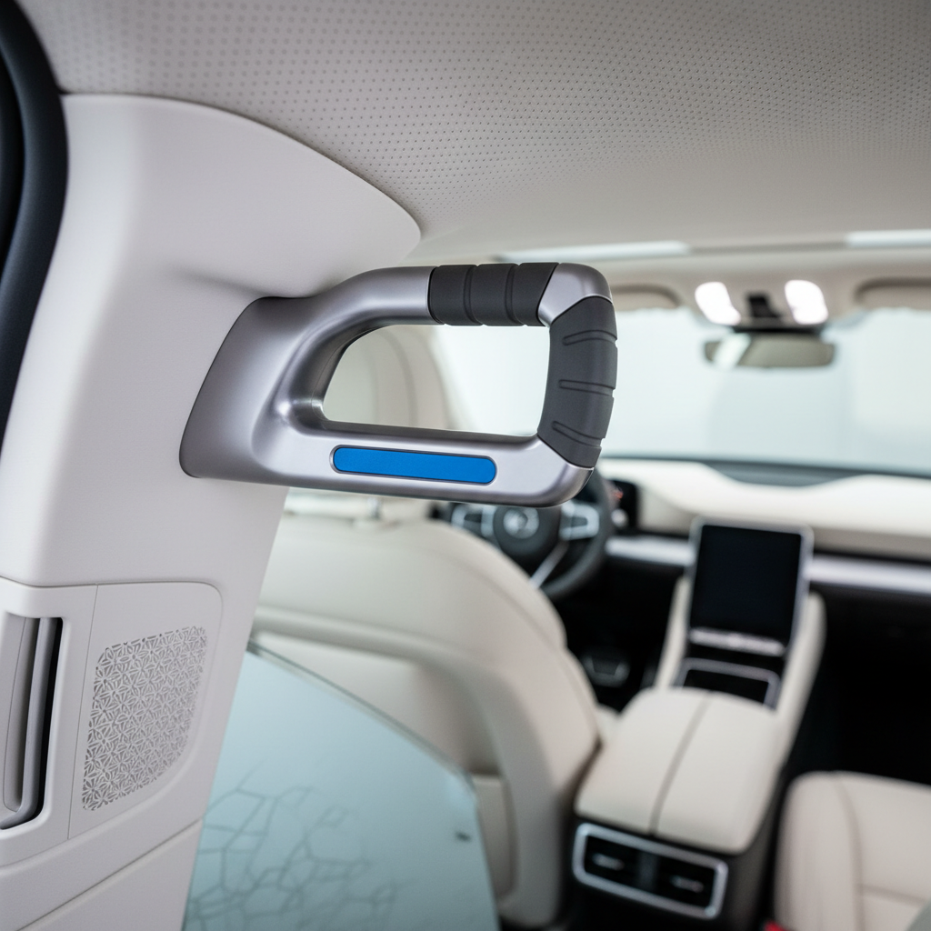a close-up of a sturdy, multi-directional grab handle inside a clean, modern vehicle, ensuring easy entry and exit, no p - transportation for elderly