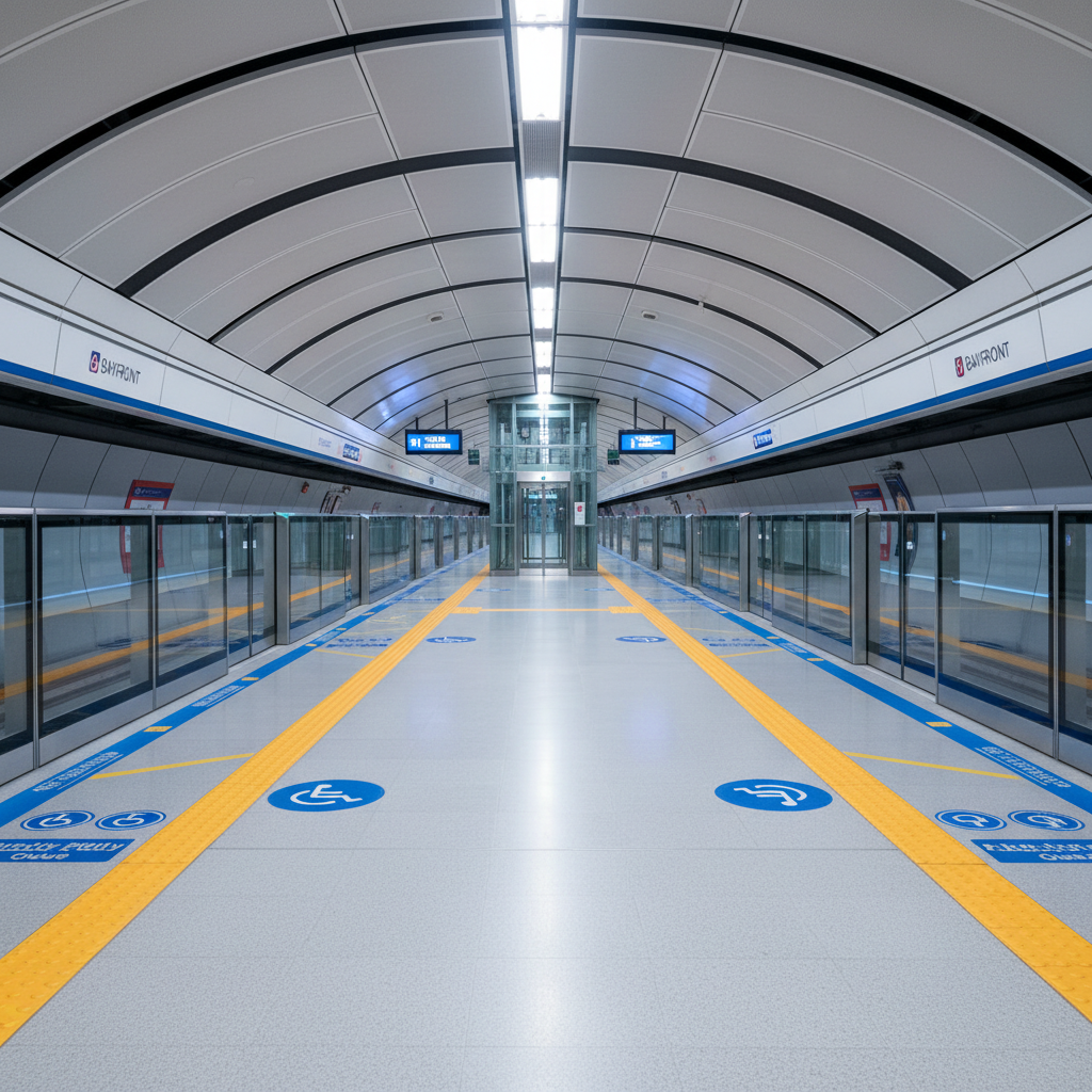 a serene image of an empty, clean MRT platform in Singapore with clear accessibility markings, lifts visible in the back - transportation for elderly