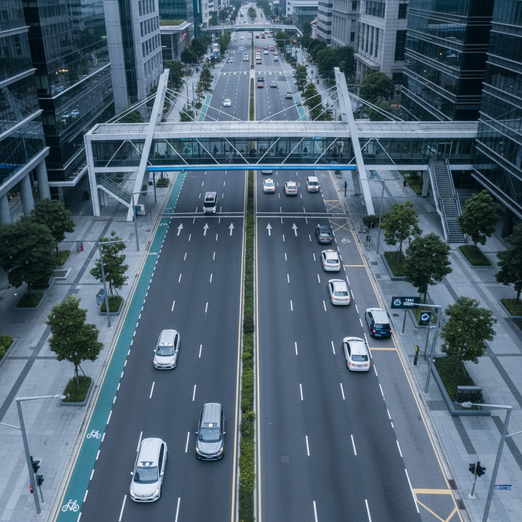 an overhead shot of a clean, modern Singapore street with light traffic, a taxi stand visible, ensuring anonymous settin - transportation for elderly
