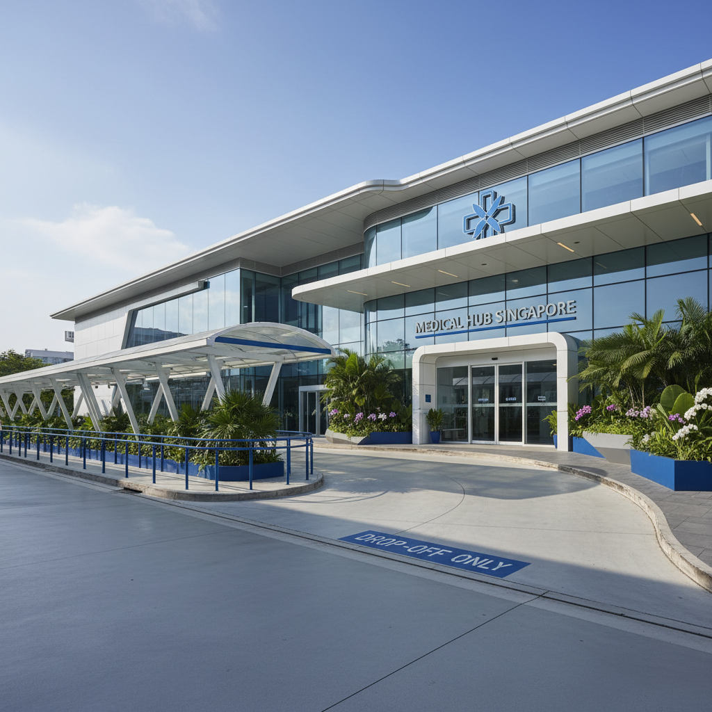 a medical facility entrance in Singapore, clean and modern, with a clear drop-off zone, no people or identifiable indivi - transportation for elderly