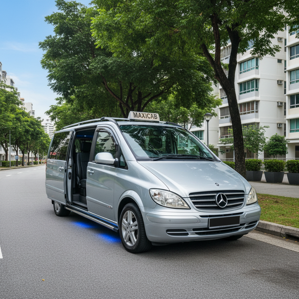 a clean, well-maintained Mercedes Viano 7-seater maxicab exterior parked at a quiet curbside in Singapore, ready for pas - transportation for elderly