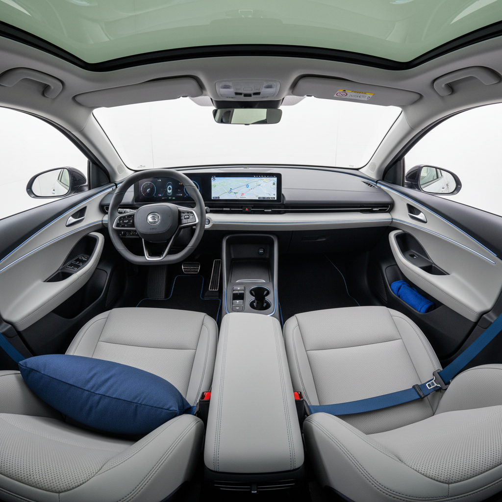 a calm and orderly vehicle interior with safety belts clearly visible and adjusted, demonstrating readiness for secure t - transportation for elderly