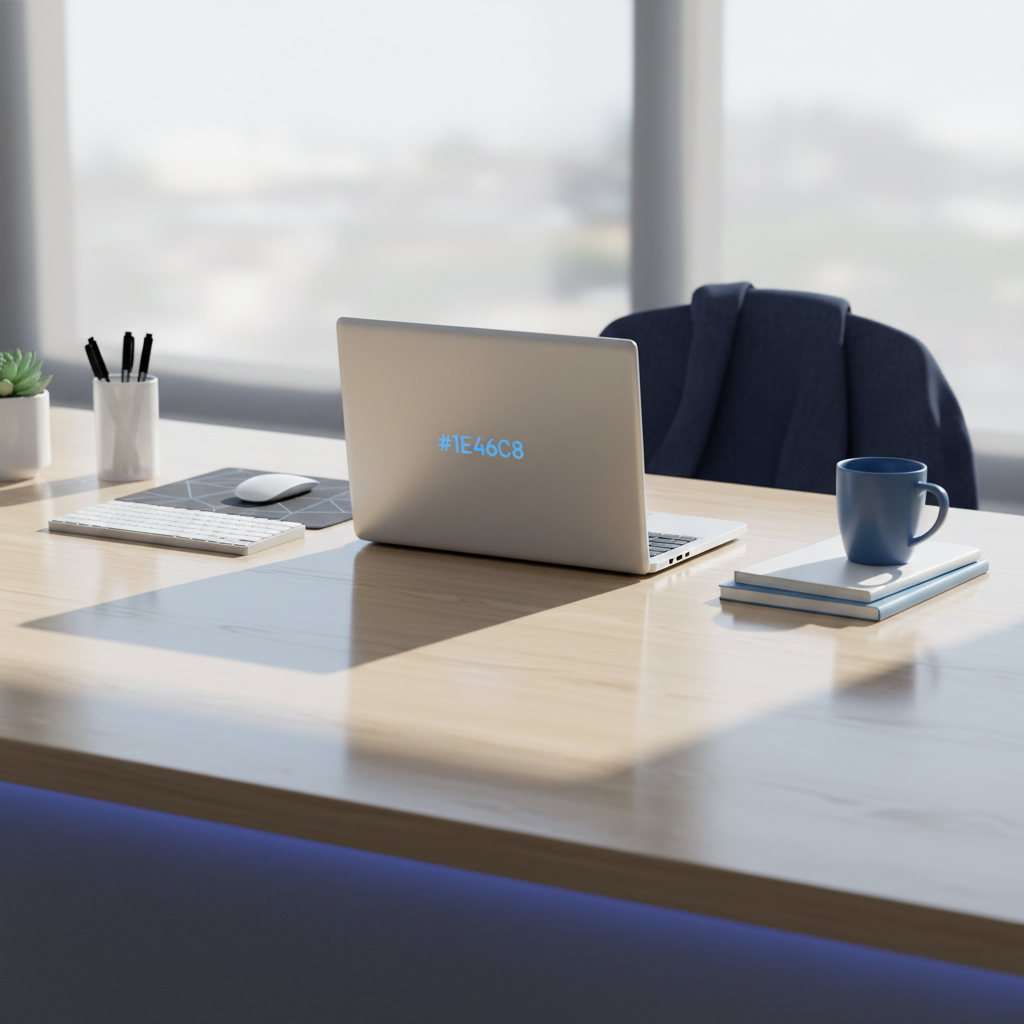 a sparkling clean office desk with a laptop and a neatly organized workspace, reflecting a daily cleaning standard