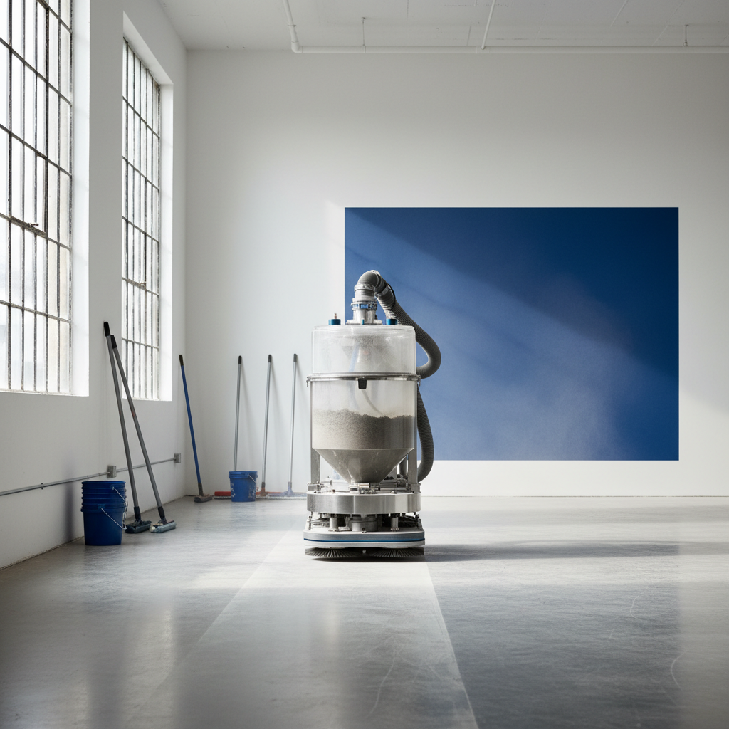 a post-renovation scene with a worker using specialized equipment to clean up construction dust and debris, emphasizing