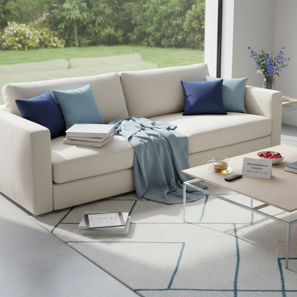 a person relaxing on a sofa in a clean, bright living room, symbolizing reduced stress and more free time due to profess