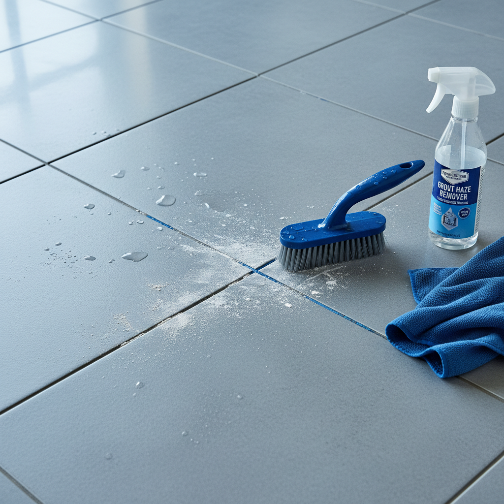 close-up of a new tile floor showing a faint, stubborn grout haze requiring specialized cleaning attention