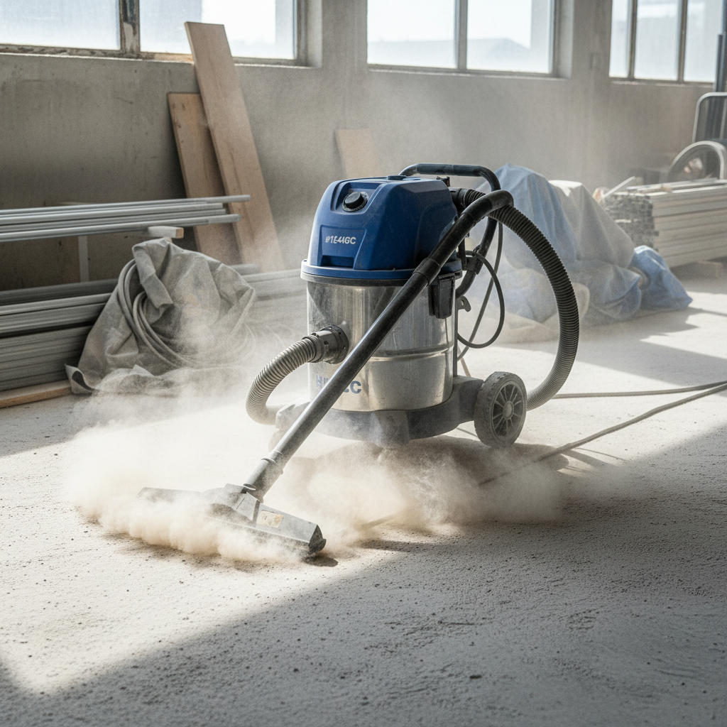 a powerful industrial-grade HEPA vacuum cleaner actively being used to remove fine dust from a construction site floor