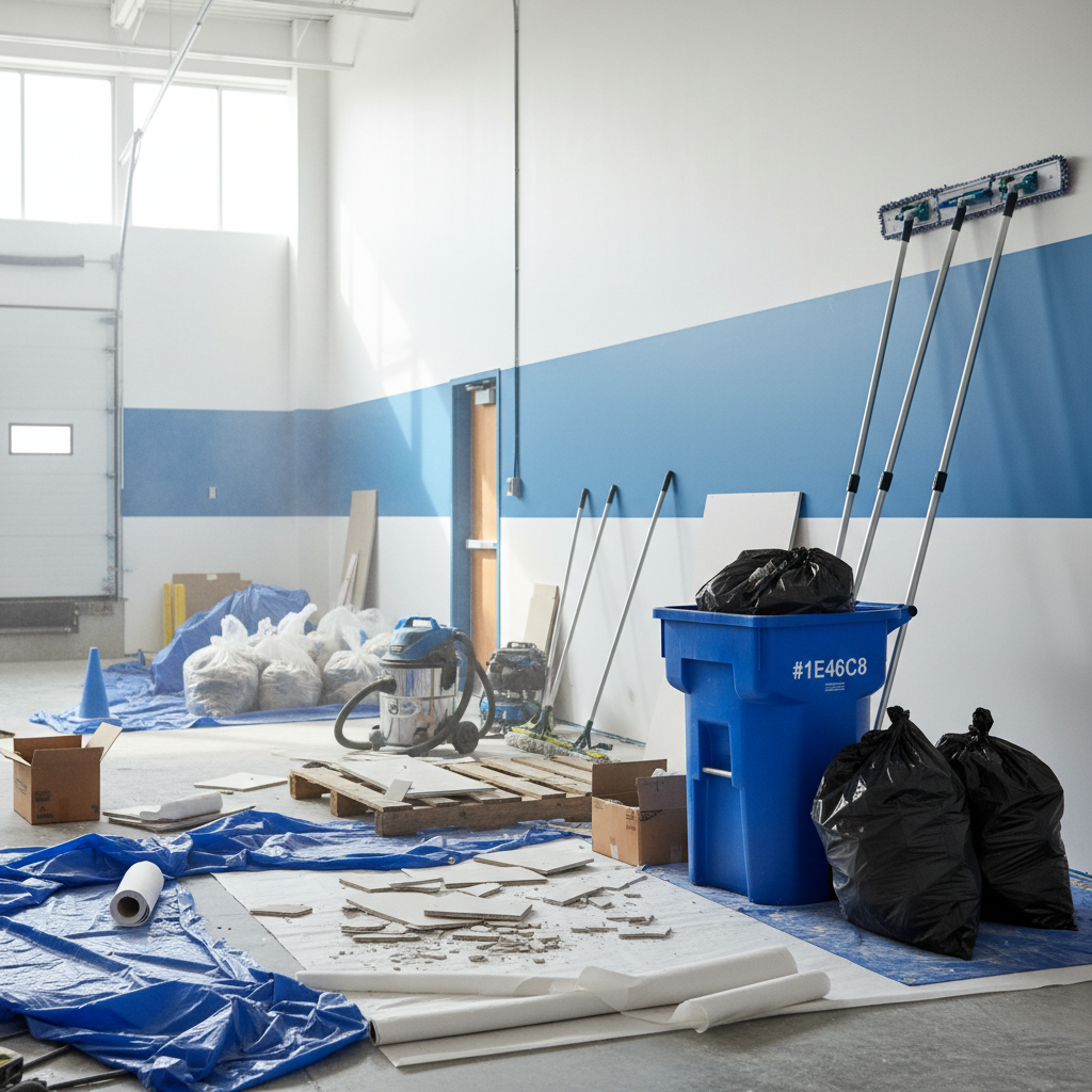 cleaning crew beginning the post-renovation clean-up, carefully removing large pieces of protective sheeting and constru