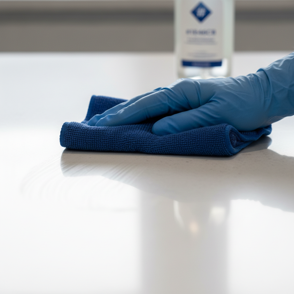 a close-up of a hand wiping a kitchen countertop with a microfibre cloth, showing a streak-free, clean surface, no perso
