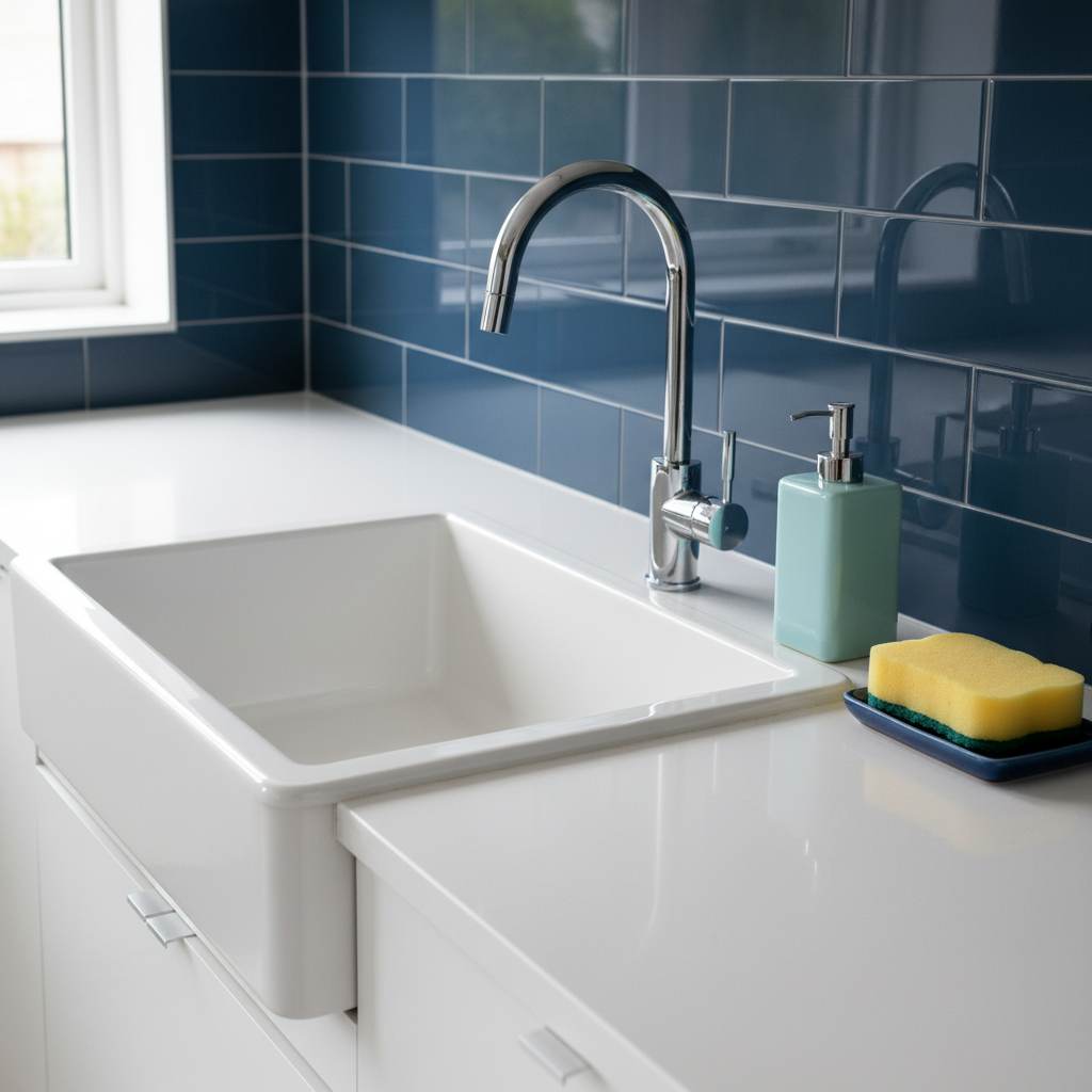 a pristine kitchen sink, gleaming chrome faucet, and spotless countertop with a fresh sponge and dish soap container, no