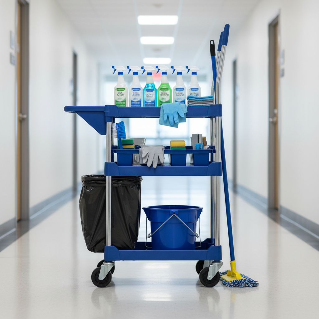 a professional-looking cleaning cart with various cleaning supplies, bottles, and cloths, neatly organized, no people