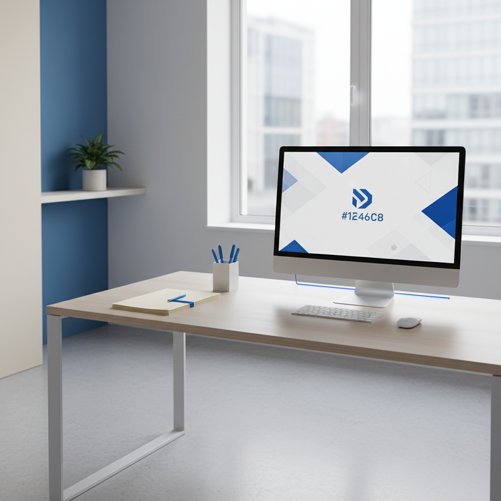 a bright, organised office workspace with a clean desk, neatly stacked papers, and a computer monitor, reflecting effici