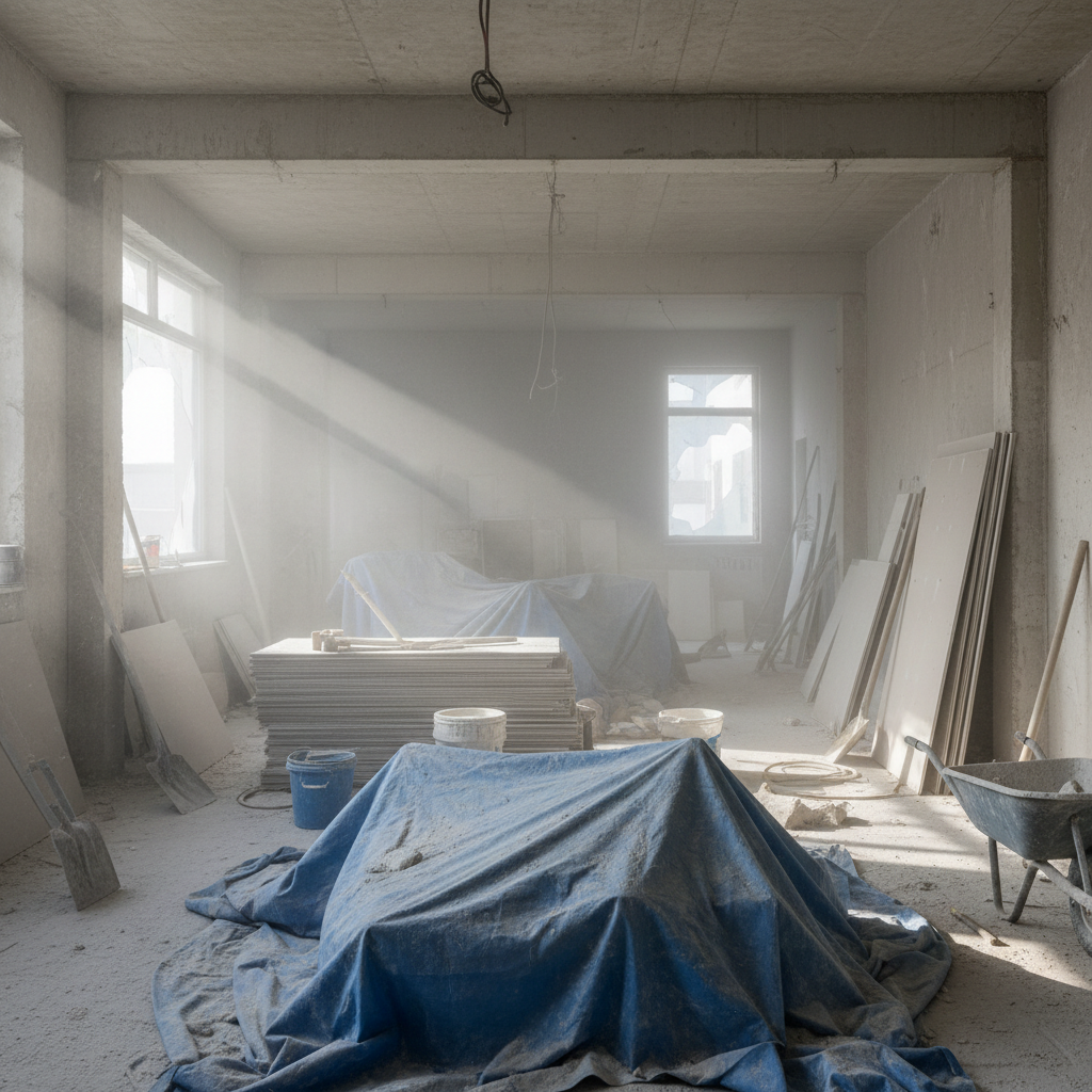 a close-up of a construction site with fine dust particles floating in the air and covering surfaces, highlighting the c