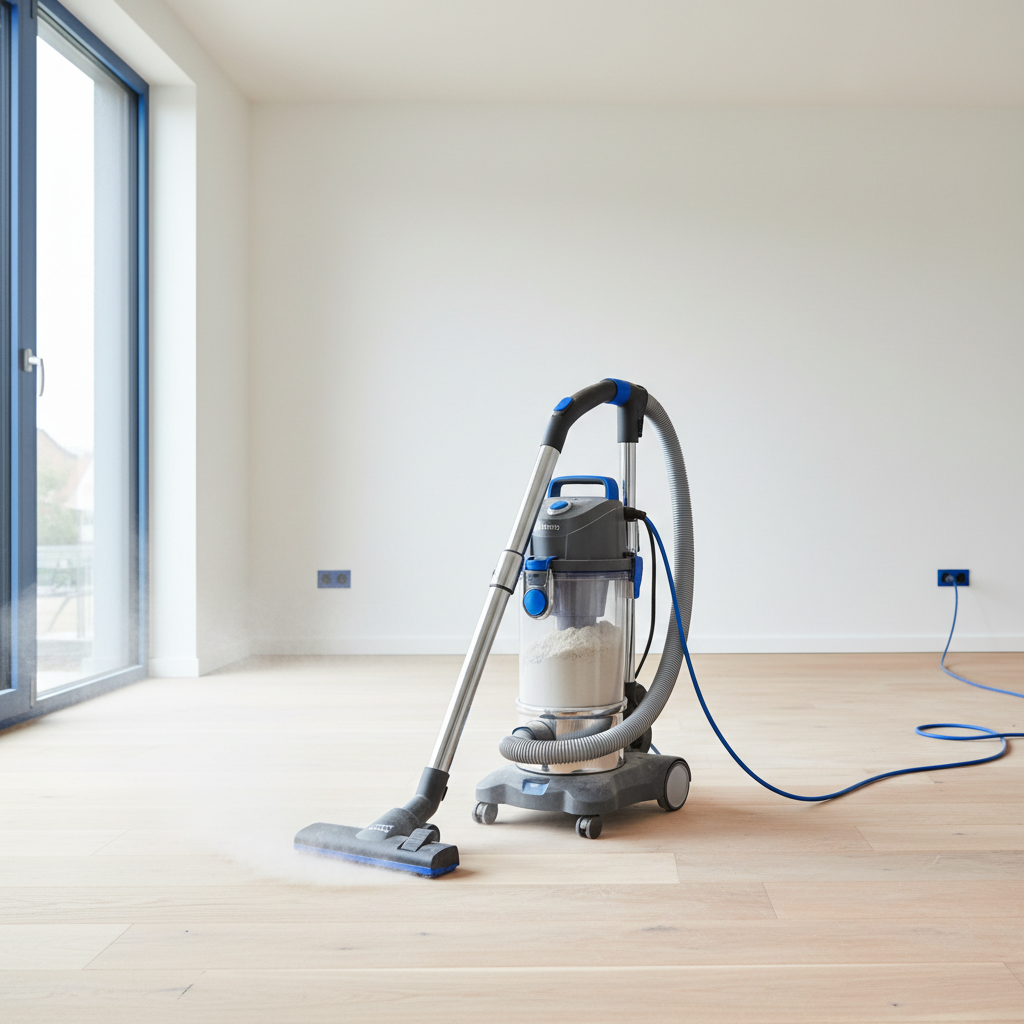a professional cleaner using a specialized HEPA-filtered vacuum in a newly renovated room, demonstrating comprehensive d