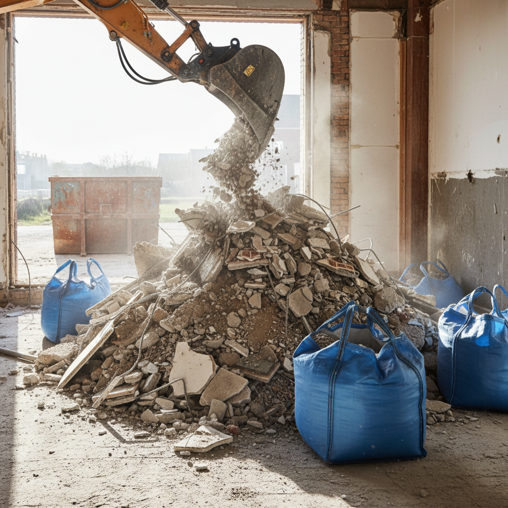 a pile of construction debris being gathered into bags at a renovation site, depicting the first stage of heavy debris r