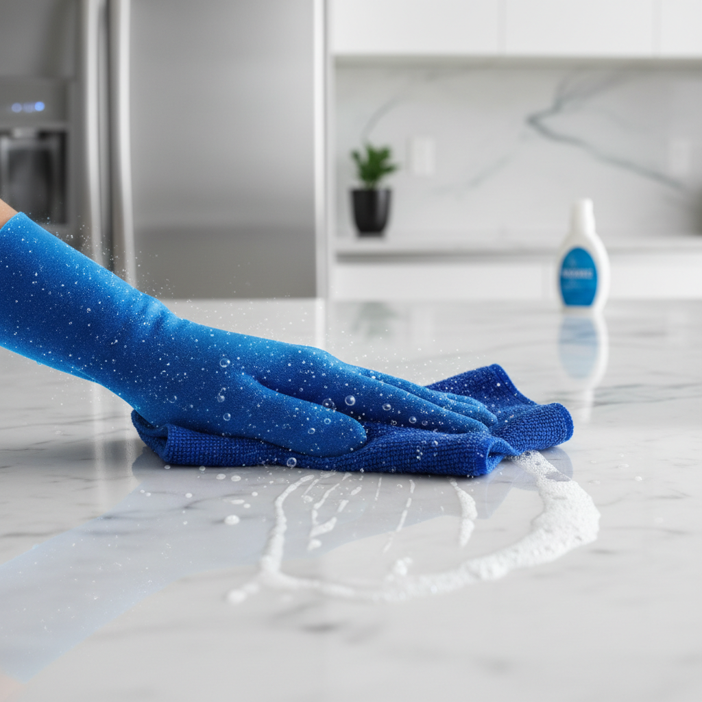 a professional cleaner meticulously wiping down a kitchen countertop, showcasing attention to detail in surface cleaning