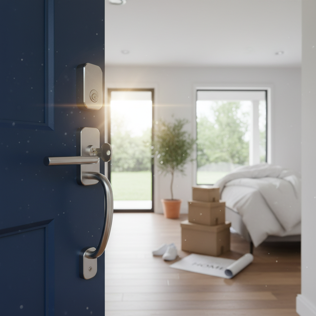 a smiling homeowner unlocking the door to their sparkling clean, newly renovated home, embodying peace of mind and readi