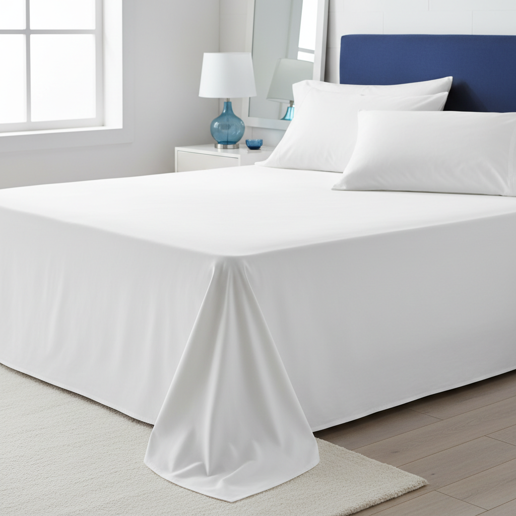 a close-up photo of a pristine, freshly laundered white bedsheet and pillow in a well-lit modern bedroom, emphasizing cl