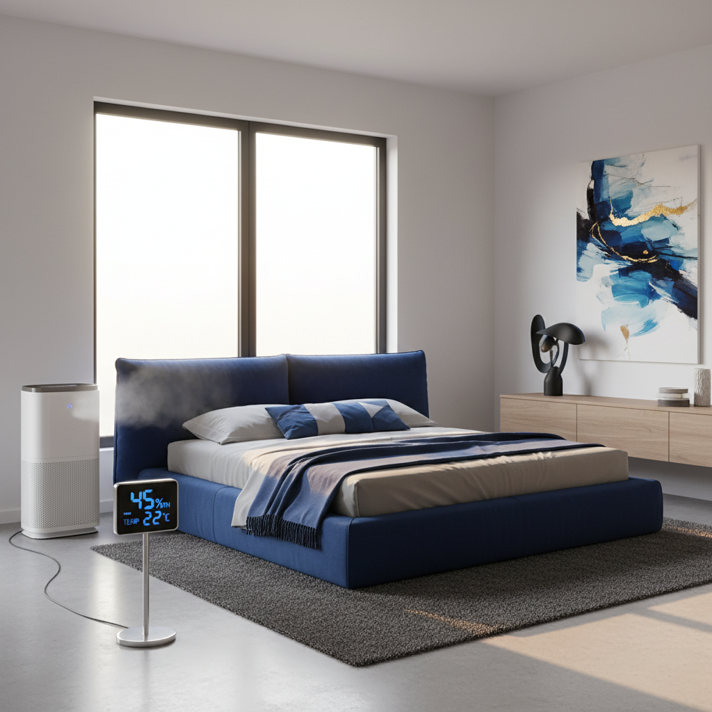 a modern bedroom with a dehumidifier quietly working in the corner, a digital hygrometer displaying the humidity level, 