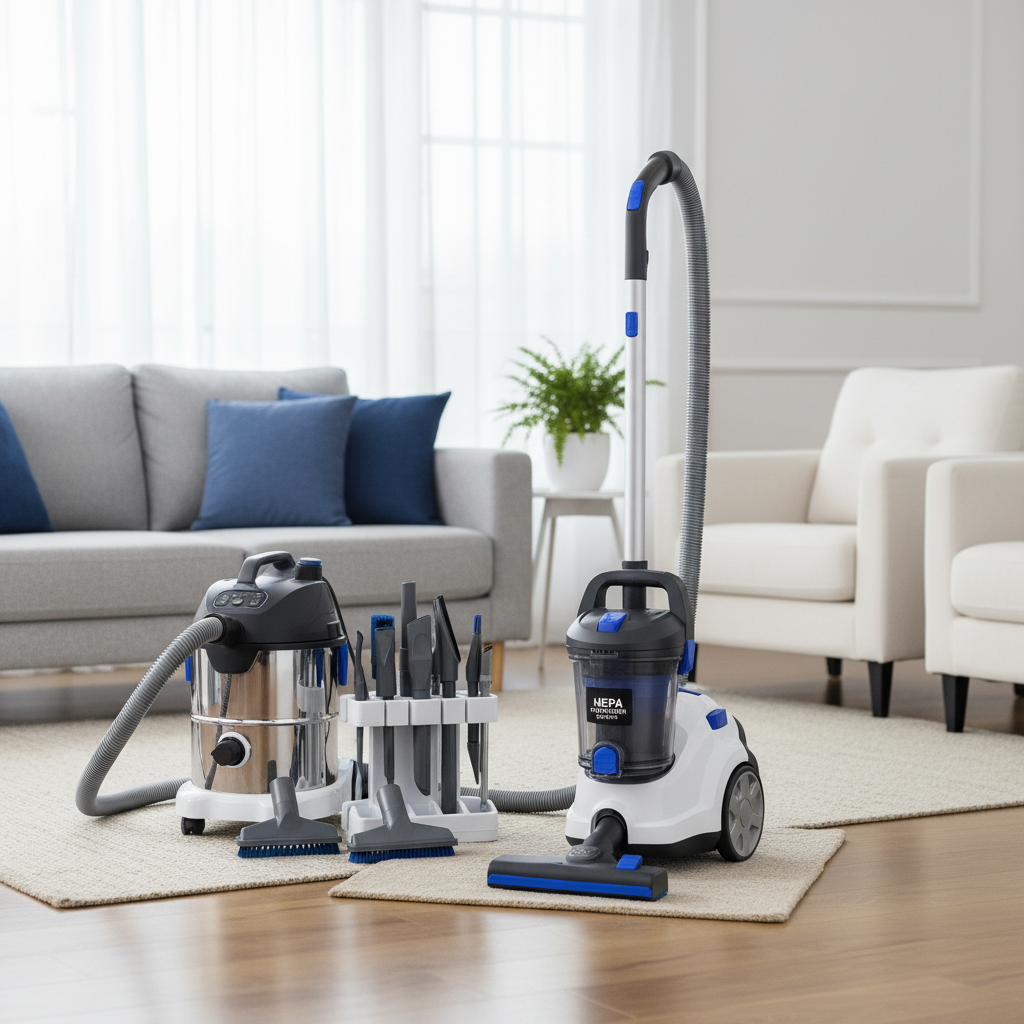 professional cleaning equipment for upholstery and carpet cleaning, including a high-powered vacuum with HEPA filter and