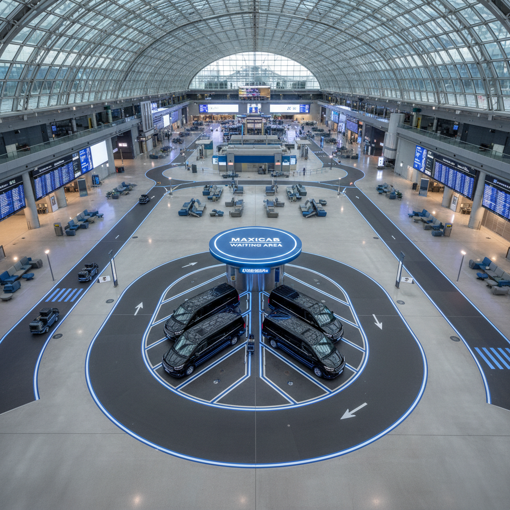 an overhead view of a well-organized airport terminal arrival hall with a maxicab waiting area clearly marked, showing s - maxicab booking guide Singapore