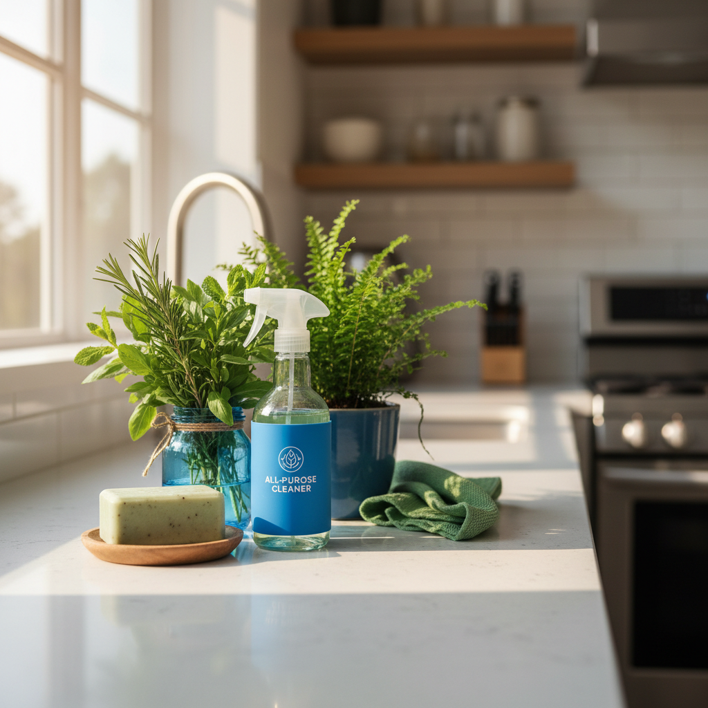 a clean kitchen counter with various green cleaning supplies, including a bar of dish soap, a spray bottle of all-purpos