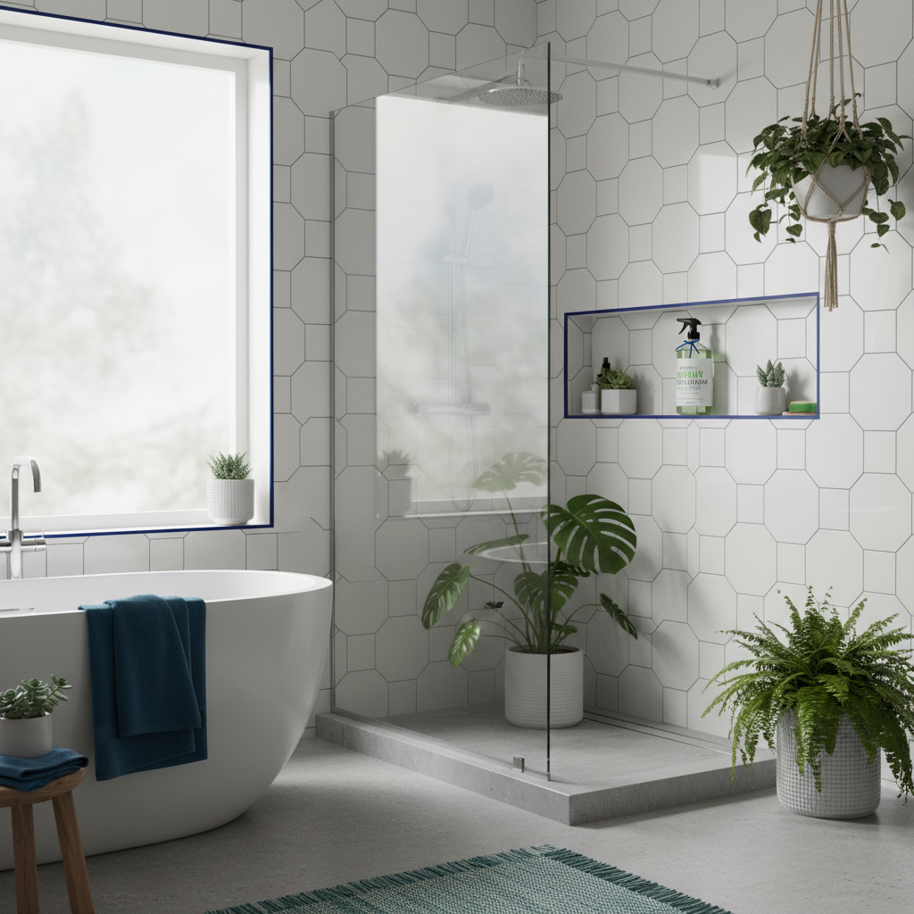 a sparkling clean bathroom with vibrant green plants, showcasing a natural shower cleaner bottle on a tiled wall, light