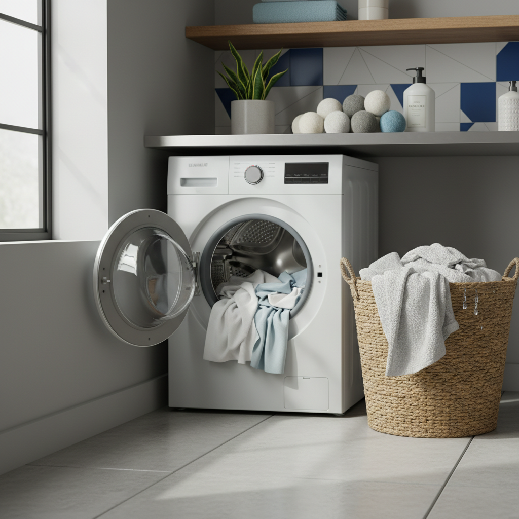 a modern laundry room with an open washing machine, a basket of freshly laundered clothes, and wool dryer balls on a she