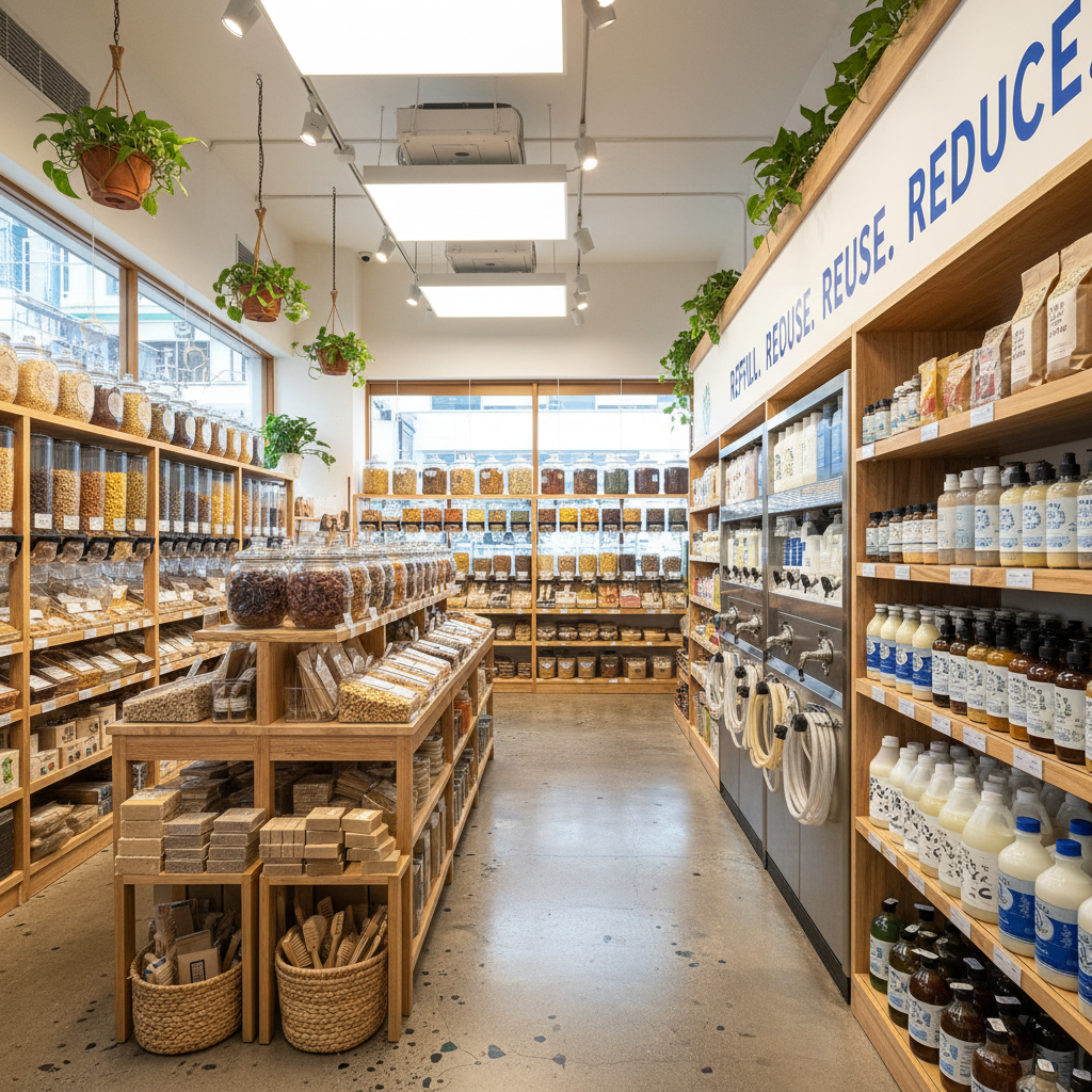 a bustling, brightly lit eco-friendly shop interior in Singapore, featuring shelves filled with various unpackaged goods