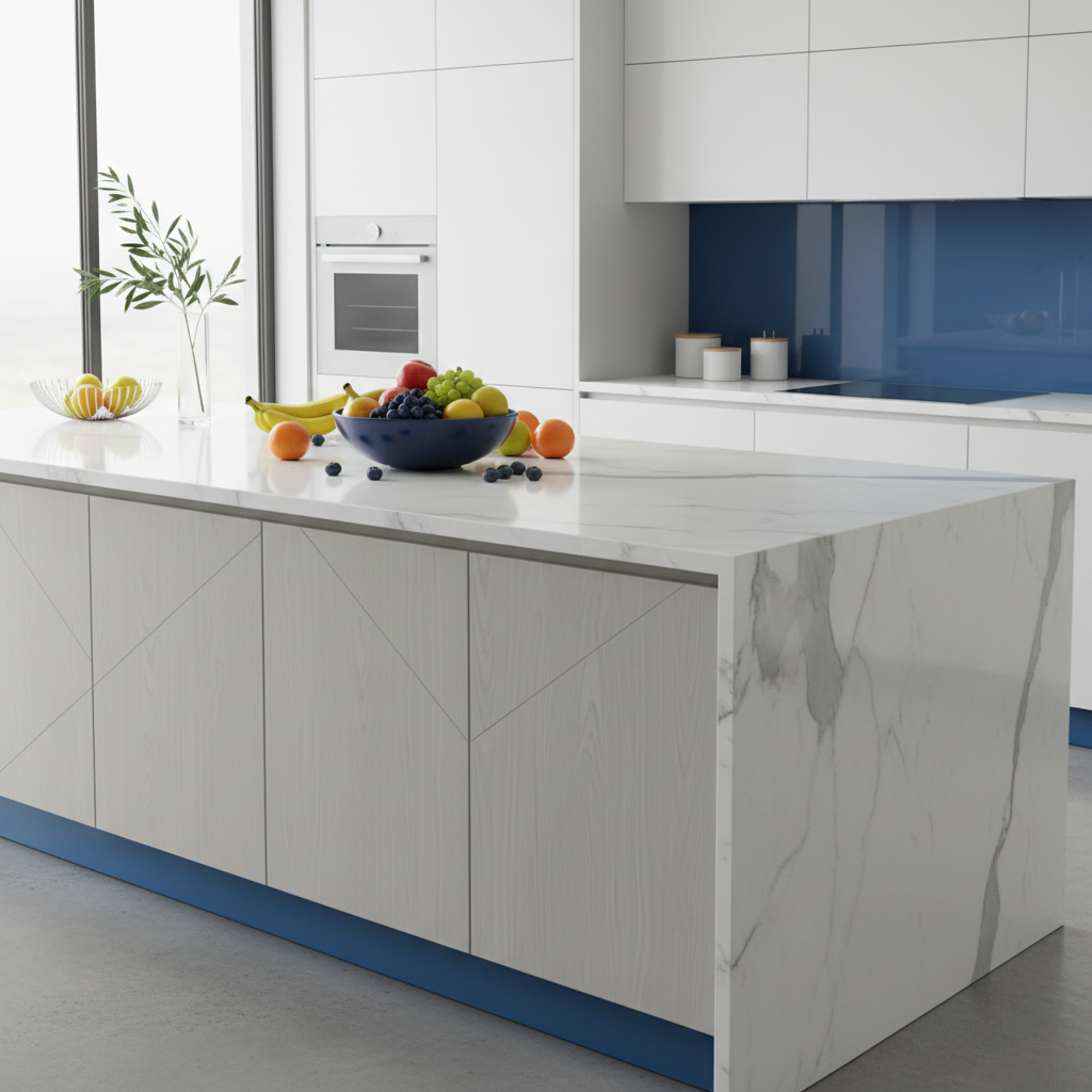 a clean, modern kitchen island with fresh fruit and polished countertops, sparkling from recent cleaning