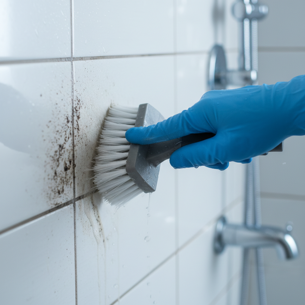 detail shot of a hand scrubbing bathroom tile grout with a brush, showing significant grime removal
