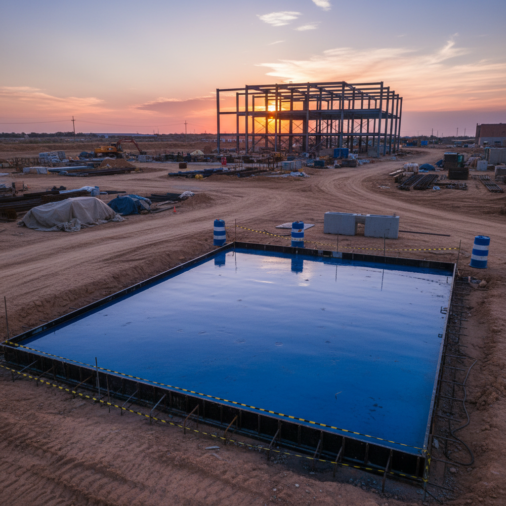 a construction site after major work, but with one section visibly cleaned and polished, contrasting with dusty areas